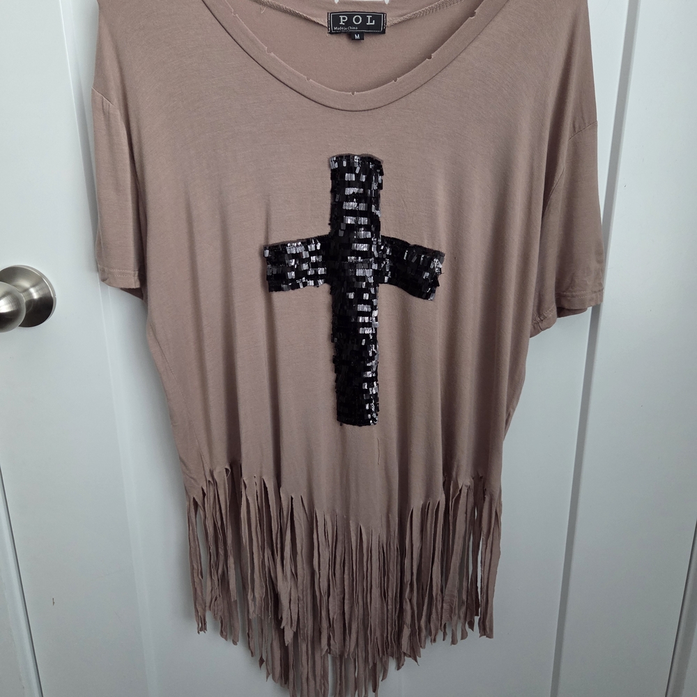 POL Fringe Top with Sequin Cross